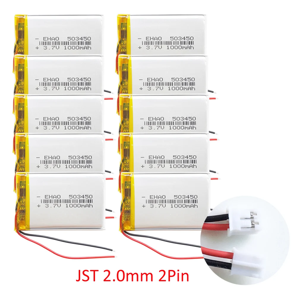 Lote de 10 baterías recargables LiPo de polímero de litio de 3,7 V y 1000 mAh 503450   JST PH 2.0 enchufe de 2 pines para grabadora de cámara MP3 DVD PAD