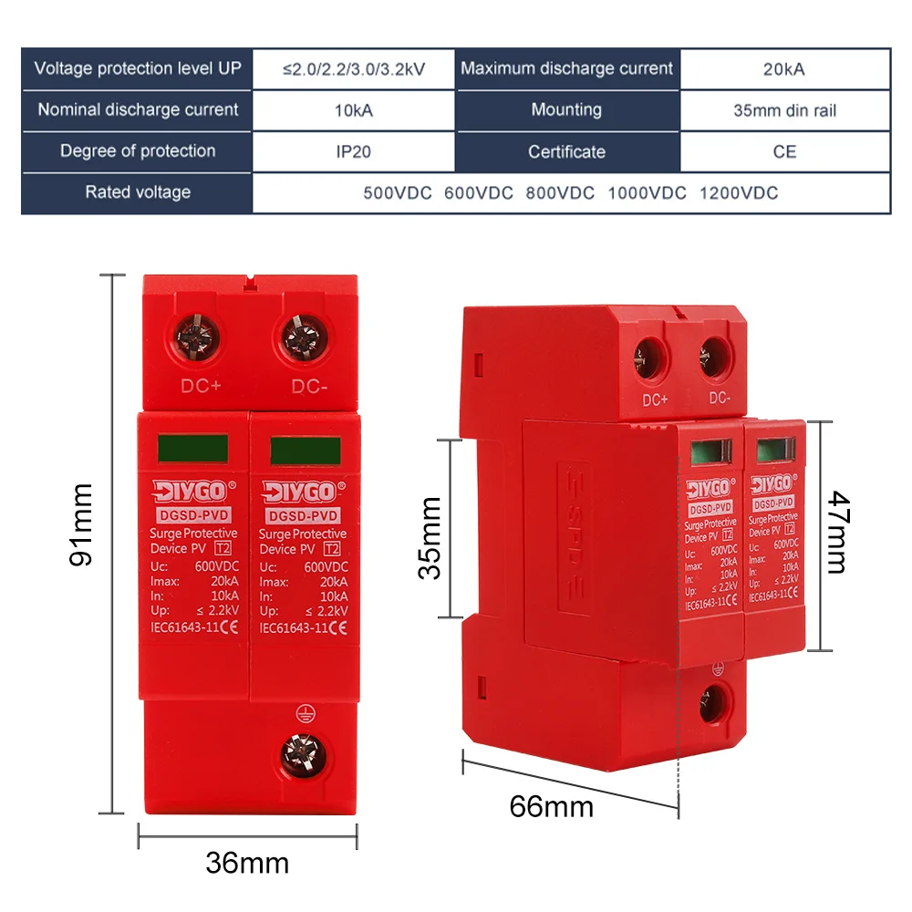 Dispositivo de protección contra sobretensiones 2P DC SPD 10KA ~ 20KA 500V 600V 800V 1000V tipo carril Din protección contra rayos de bajo voltaje para el hogar - imagen 2
