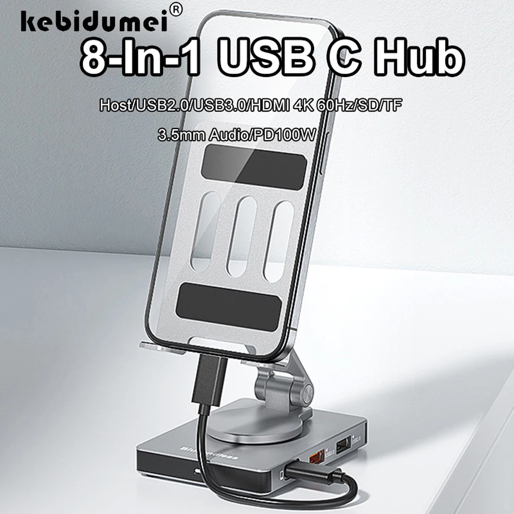 Soporte ajustable para teléfono móvil 8 en 1 multipuerto USB-C USB C Hub tipo C a USB3.0 4K HDTV PD adaptador estación de acoplamiento