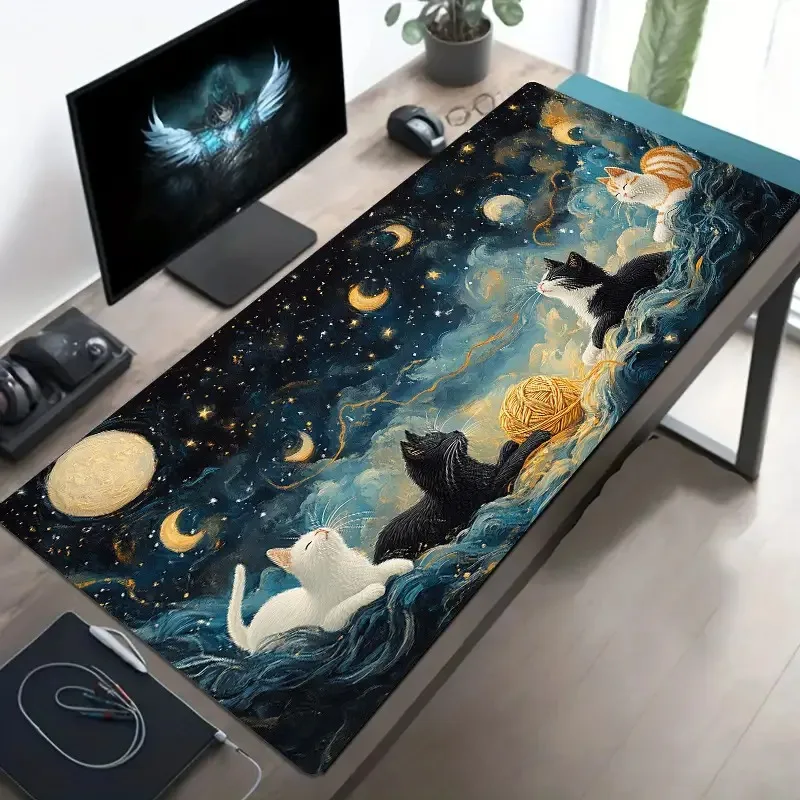 Alfombrilla de ratón con diseño de gato inspirado en la noche estrellada, accesorios de escritorio de PC antideslizantes de goma grande, alfombrilla de ratón para decoración de teclado de oficina y jugadores - imagen 2