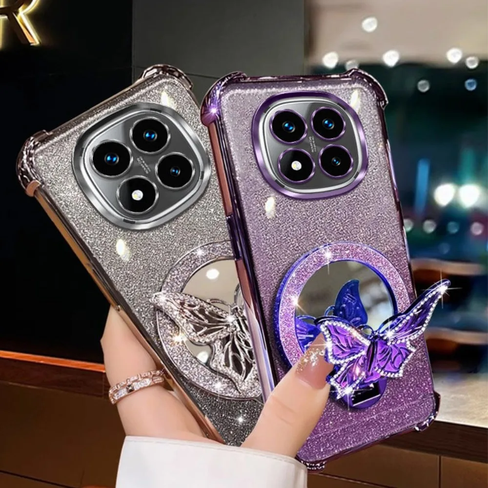 Funda con soporte de espejo de mariposa brillante para Xiaomi Redmi 14C Note 14 15 Pro Plus 15 15C 14S 4G 5G, funda de silicona suave a prueba de golpes