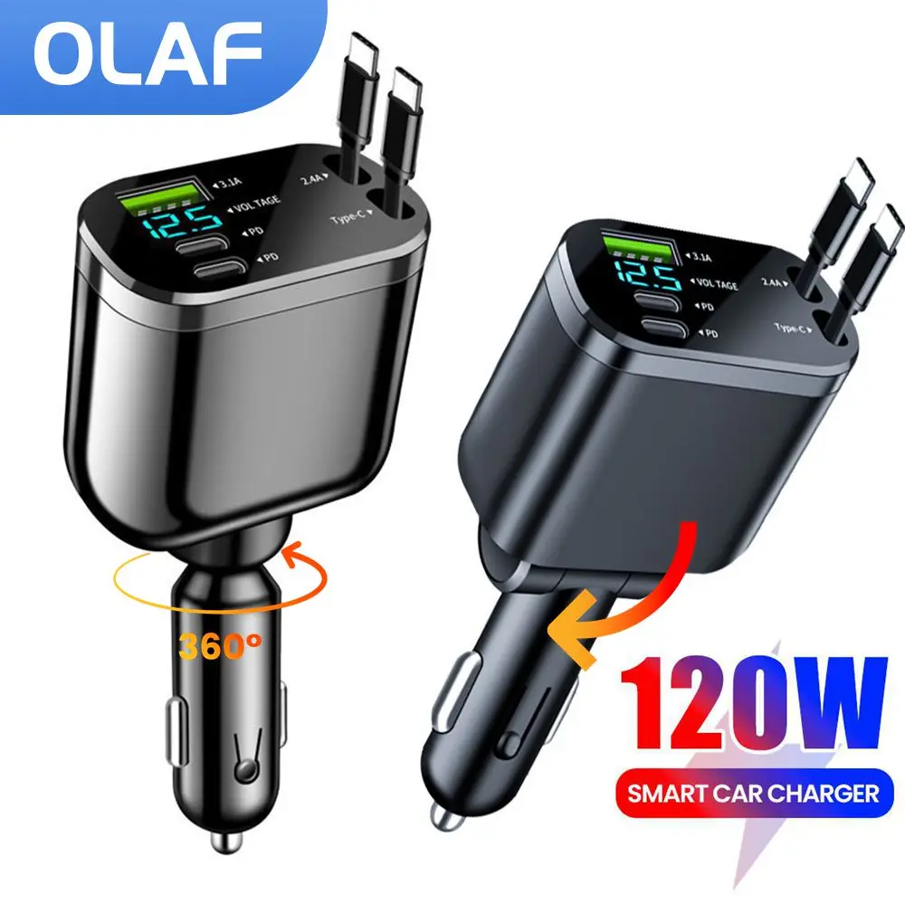 Adaptador de cargador de coche 5 en 1, cargador de coche USB tipo C de carga rápida con cables retráctiles para iPhone 16 15 14 13 12 Samsung - imagen 2