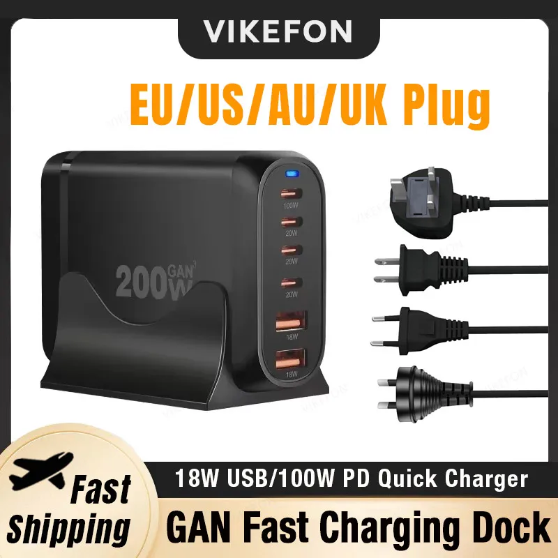 GaN 6 puertos USB tipo C PD 200W cargadores de teléfono de escritorio QC3.0 para teléfono inteligente portátil tableta 18W USB100W PD carga rápida