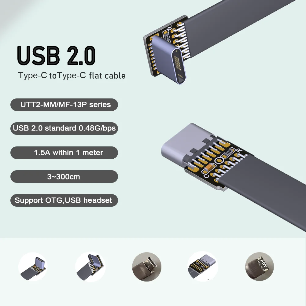 13P USB 2,0 tipo C a tipo C Cable de extensión plano de carga de datos OTG plegable 90 grados USB C macho hembra FPV Cable de fotografía aérea
