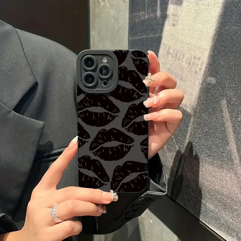 Funda protectora para teléfono móvil Kiss de labios negros para iPhone 16 Pro Max 15 14 13 12 11 Pro Max 7 8 14 15 Plus SE 2 X XS XR cubierta mate - imagen 3