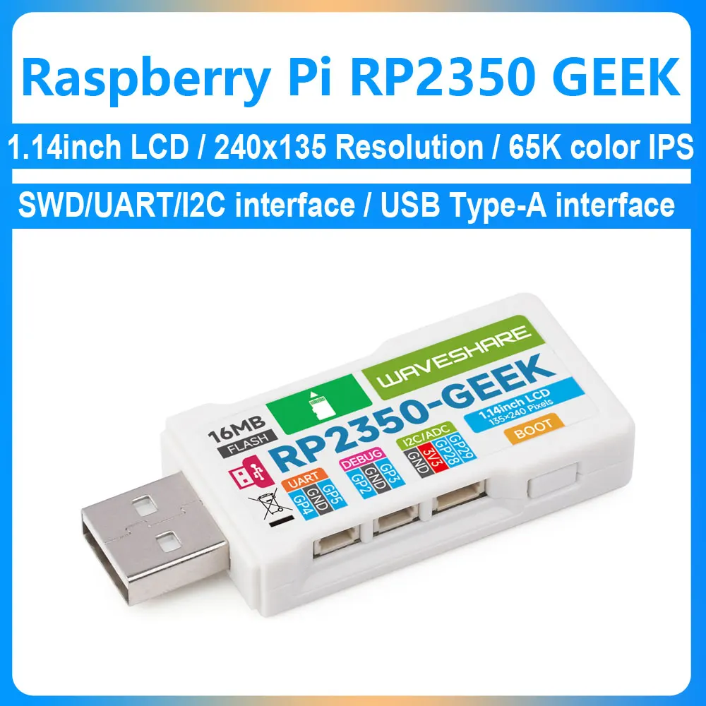Raspberry Pi Pico 2 RP2350 GEEK RP2350A chip 1,14 pulgadas LCD 240x135 resolución 65K color SWD/UART/I2C para OpenOCD/CMSIS-DAP
