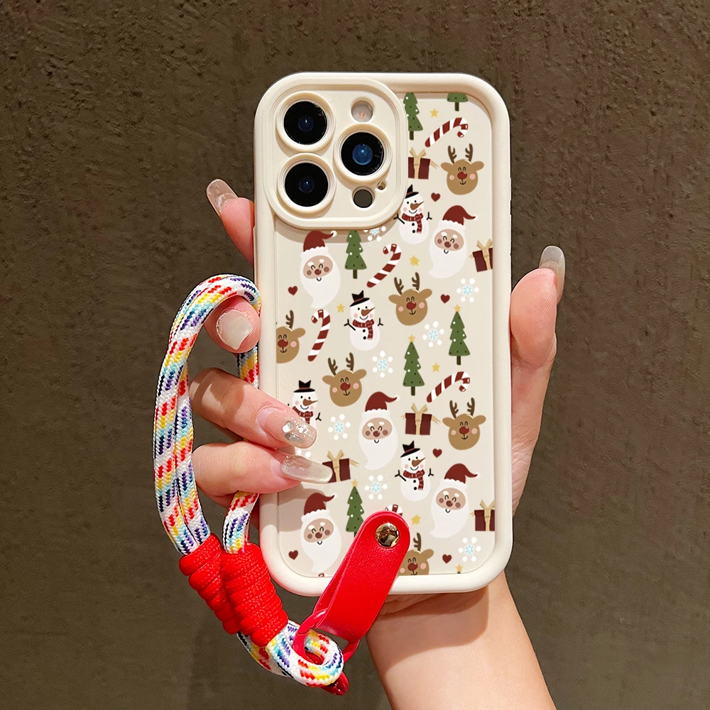 Bonita funda de teléfono con diseño de reno de Papá Noel para iPhone 17 16 15 14 13 12 11 Pro Max XS X XR 7 8 Plus 16E, funda con cordón para correa para la muñeca - imagen 2