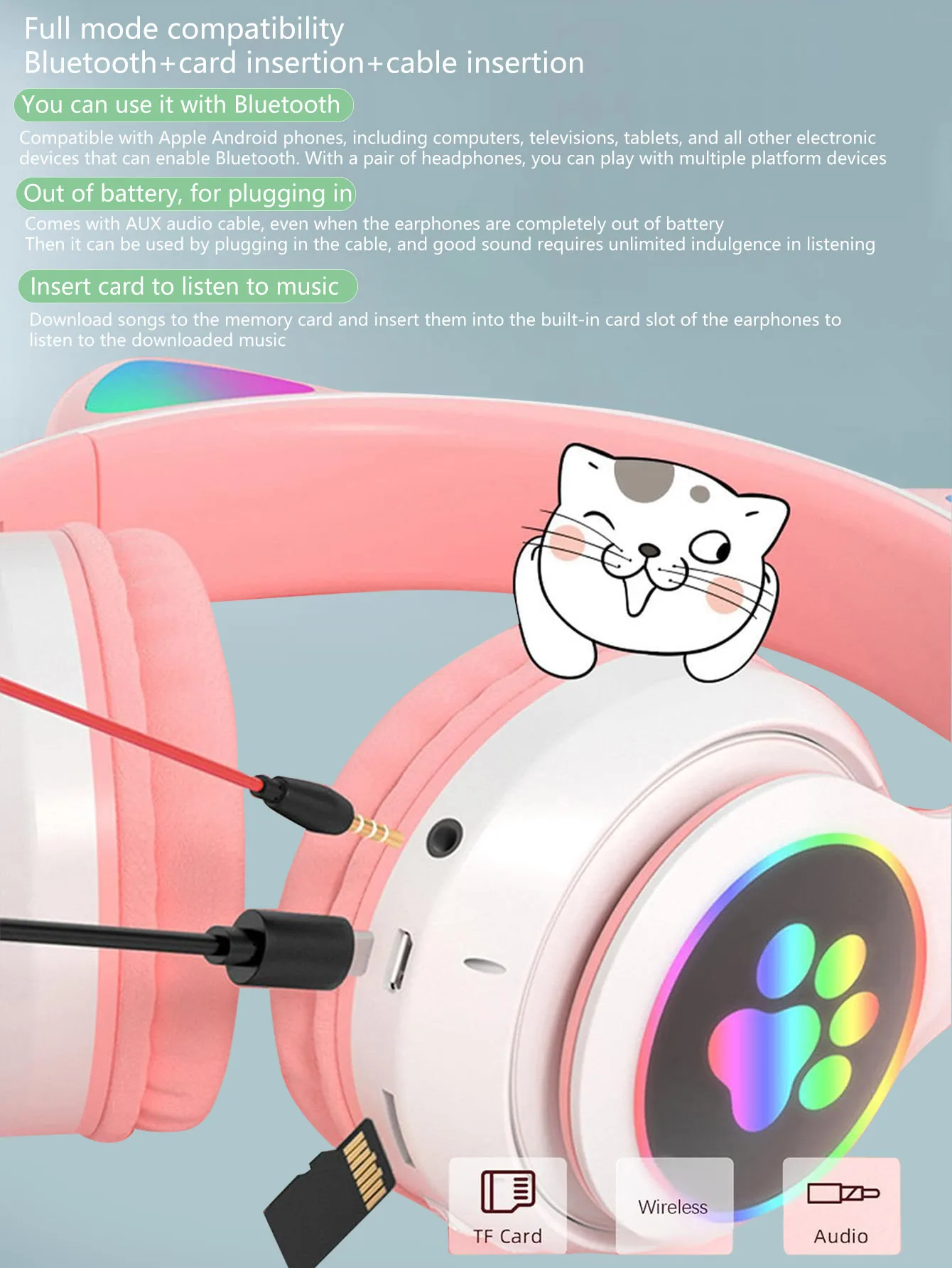 Auriculares inalámbricos para juegos, audífonos de largo alcance, baja latencia, con luz de Pata de Gato y Oreja de gato - imagen 5