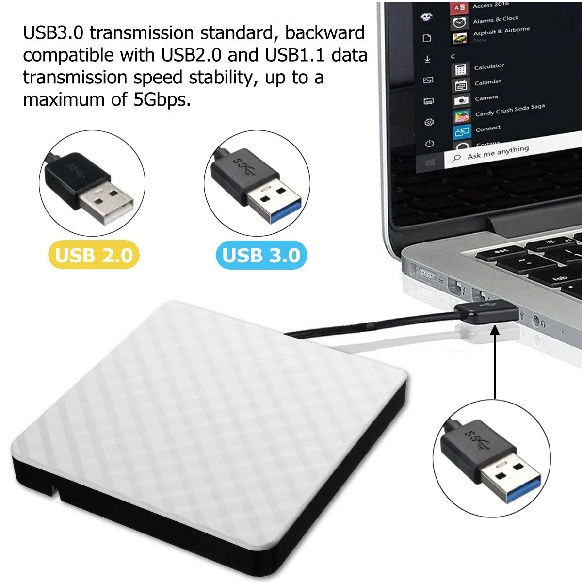 Reproductor de DVD externo Delgado 2 en 1, unidad grabadora de CD RW, lector de unidad óptica para portátil, PC, quemador de DVD portátil, USB 3,0 tipo C - imagen 4