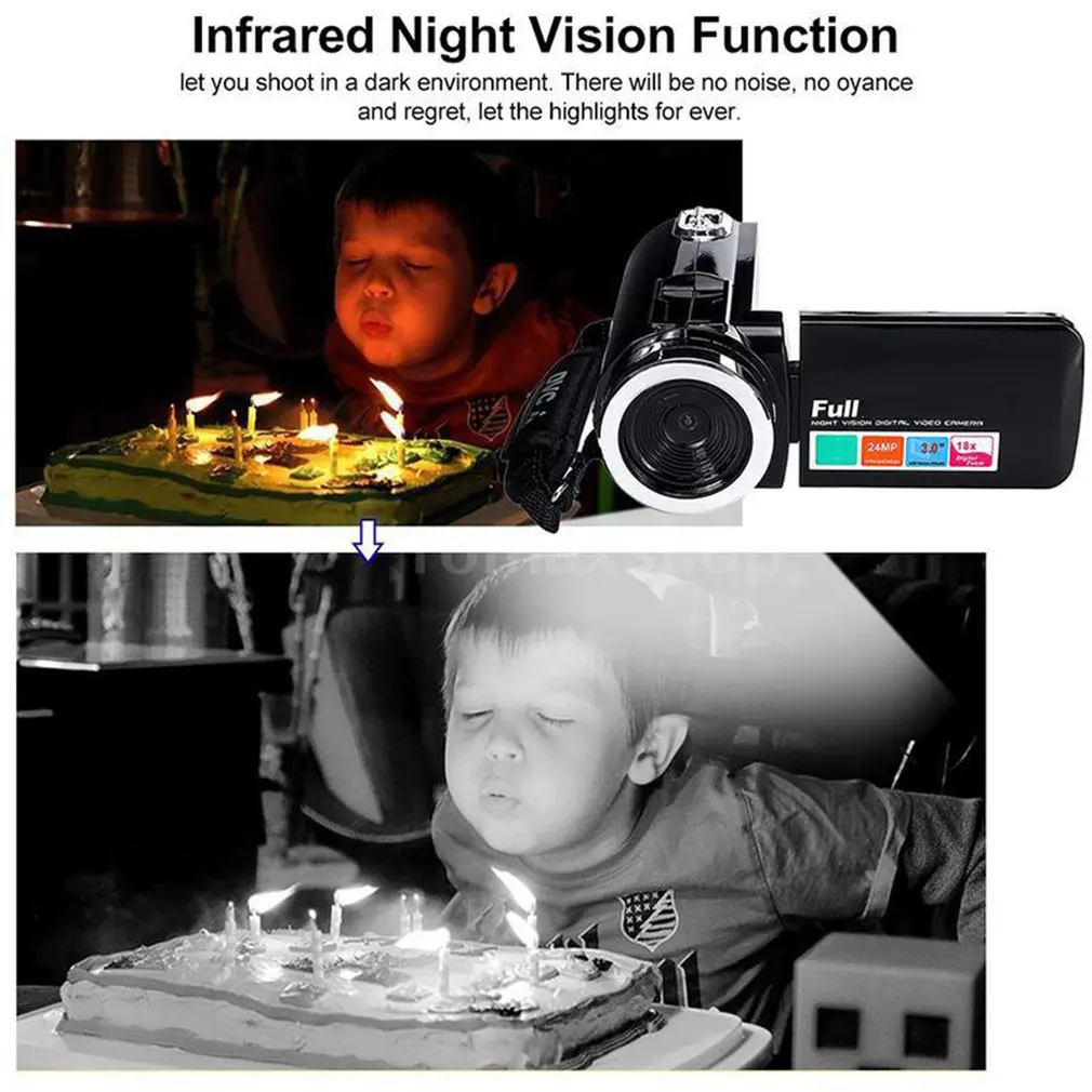 Un niño explota velas en un pastel con una cámara en el fondo