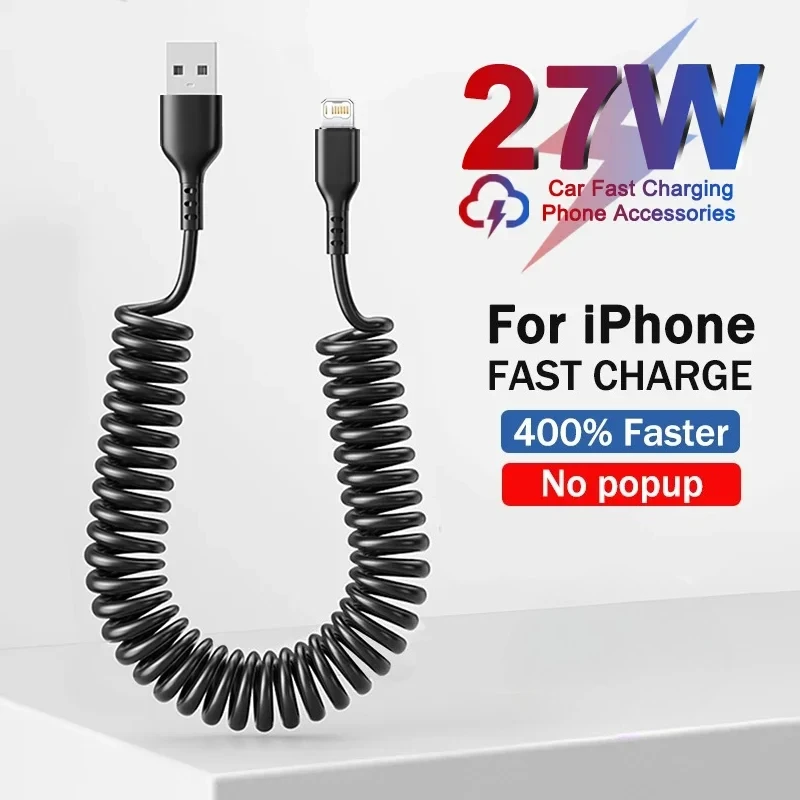 Cable USB de carga rápida elástico con resorte para coche, Cable de datos para iPhone 14 11 12 13 Pro Max 7 8 14 Plus X XR XS