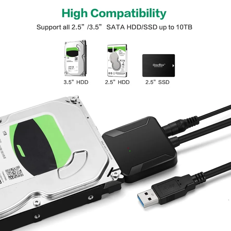 BGGQGG Cable adaptador SATA a USB 3,0, convertidor externo, compatible con disco duro SSD HDD externo de 2,5/3,5 pulgadas con adaptador de corriente - imagen 2