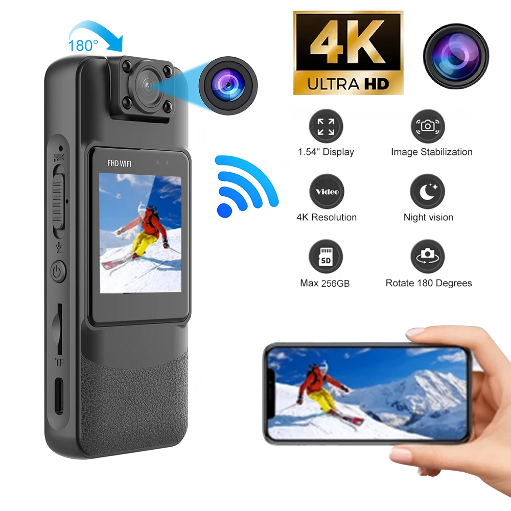 Mini cámara WiFi 4K HD, visión nocturna infrarroja, cámara resistente al cuerpo con Clip, adecuada para grabación de aplicación de la ley, actividades al aire libre