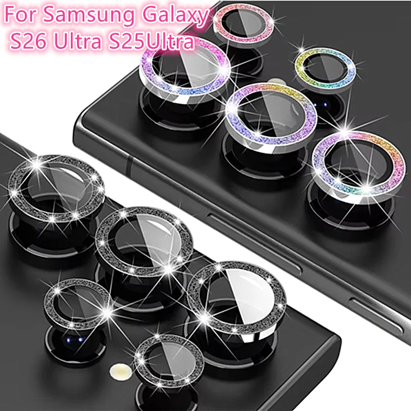 Para Samsung Galaxy S26 Ultra S25Ultra S24Ultra S23Ultra Glitter Diamond Protector de lente de cámara anillo de Metal cubierta de vidrio templado