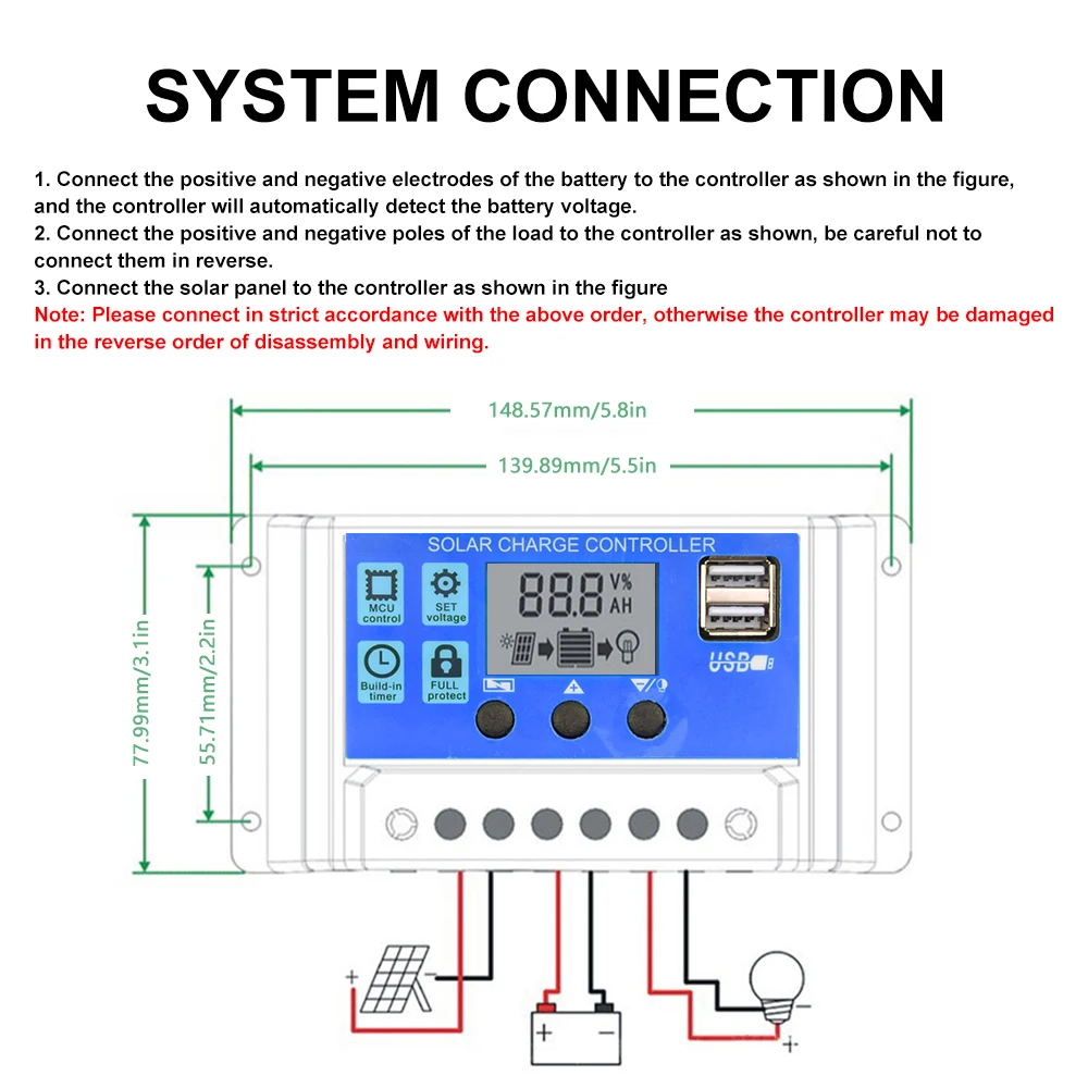 Controlador de carga Solar 10A 20A 30A 40A 50A 60A, regulador Solar de 12V 24V, cargador de batería PWM, pantalla LCD, puerto USB Dual, salida de 5V - imagen 4