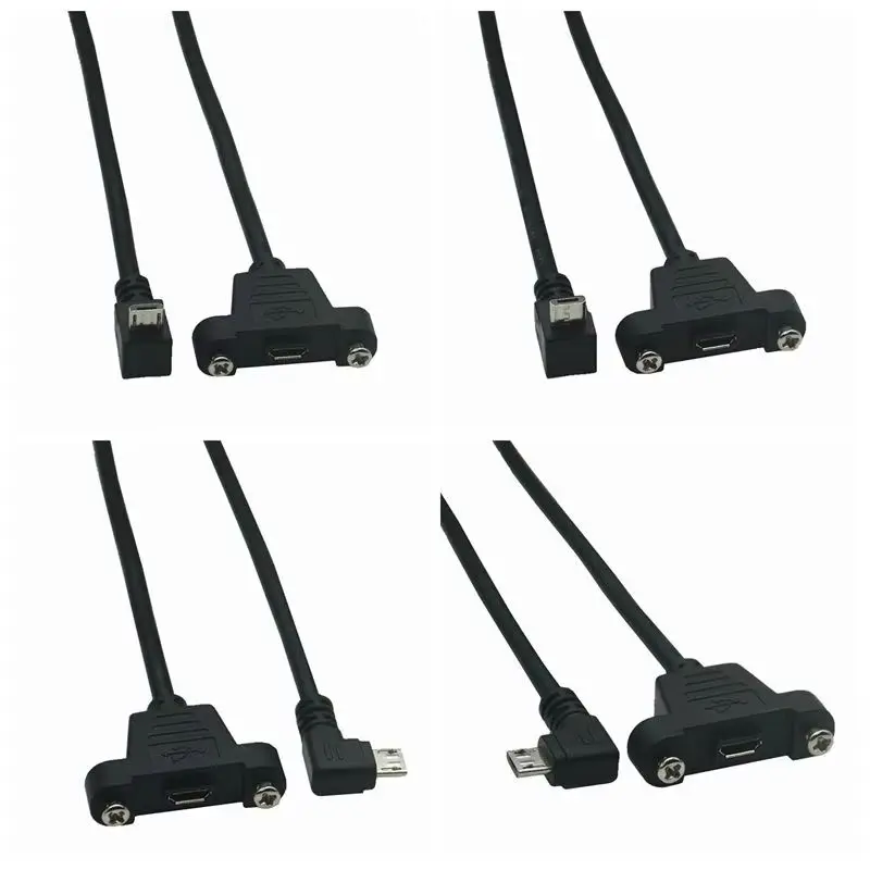 USB 2,0 Micro-USB 5 pines arriba abajo conector macho en ángulo izquierdo derecho a Cable de extensión hembra 30cm 50cm con tornillos orificio de montaje en Panel