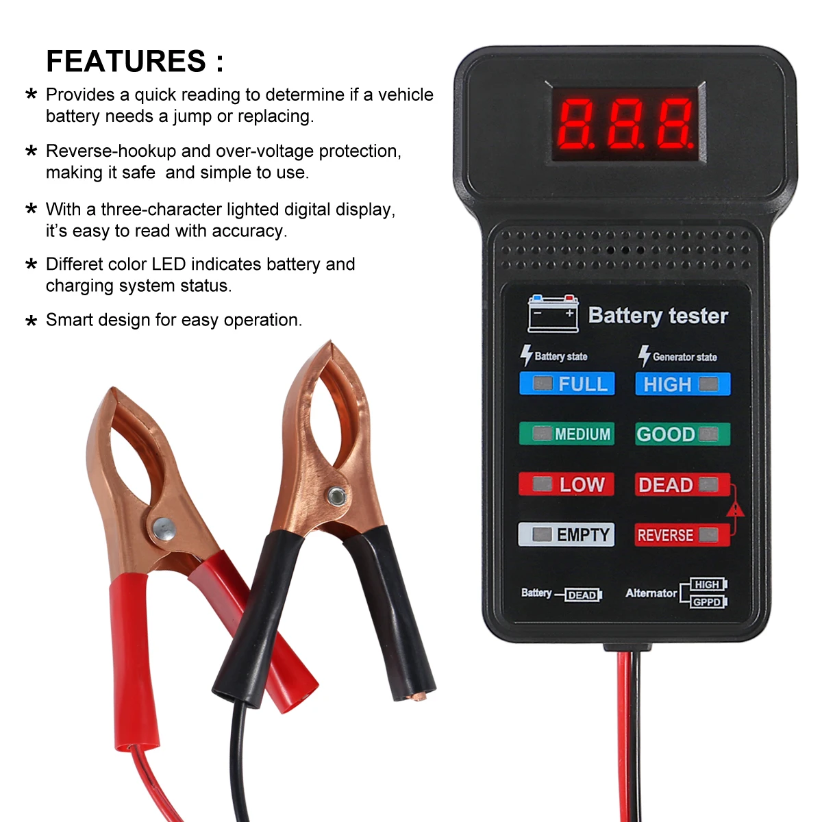 Probador de alternador automotriz BT 171, pantalla LED inversa, protección múltiple, pantalla de estado de batería, 12V para reparación automotriz - imagen 4