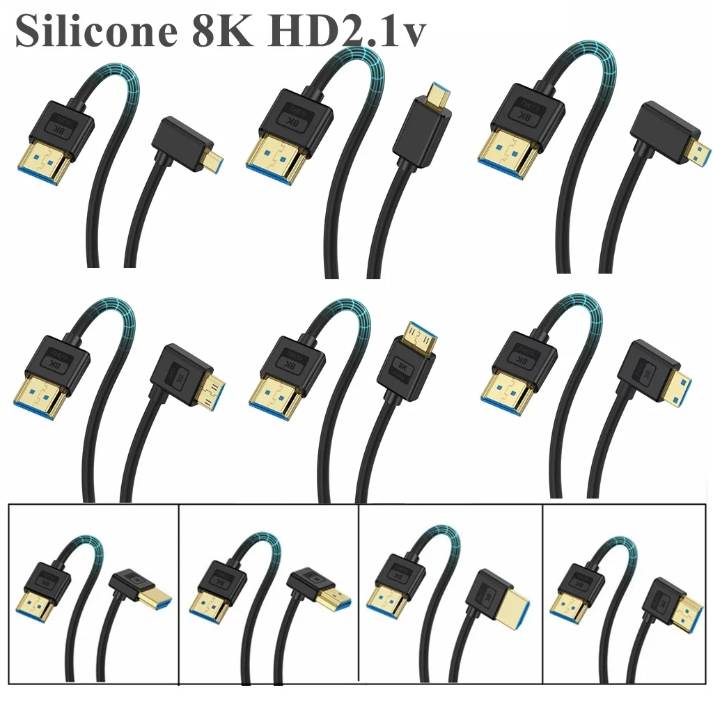 Cable de codo de silicona HDMI Micro Mini Compatible con HDMI 2,1 V Cable fino Flexible compatible con resolución de 16K 60Hz 8K 60Hz 4K 240HZ 5K - imagen 2