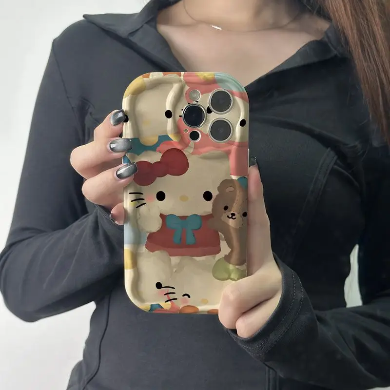 Funda de teléfono bonita de Hello Kitty para iPhone 16 15 14 13 12 11 Pro Max Mini X XR XSMAX 8 7 6S Plus 3D Wave suave TPU contraportada - imagen 2