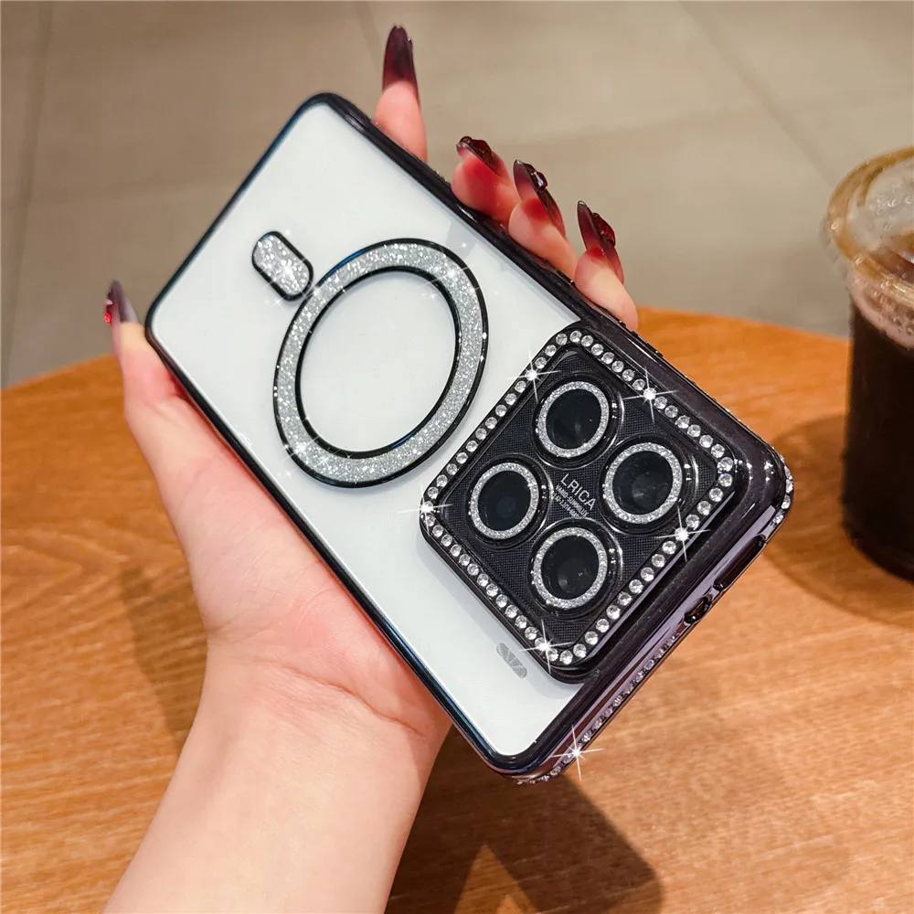 Funda de teléfono transparente con purpurina de diamante para Xiaomi 14T Pro Redmi Note 14 Pro Plus POCO X7 magnética para cubierta de carga inalámbrica Magsafe - imagen 5