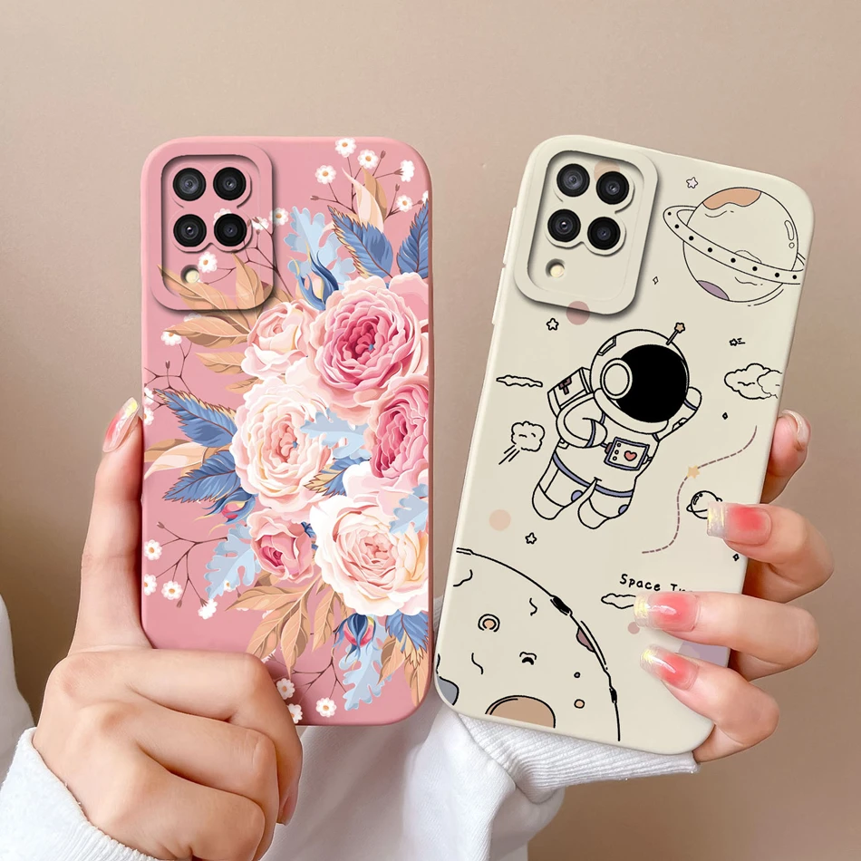 Funda para Samsung A 12 M12 F12 flor astronauta mejora protección de lente cubierta trasera de silicona líquida suave para Samsung A12 A M F 12