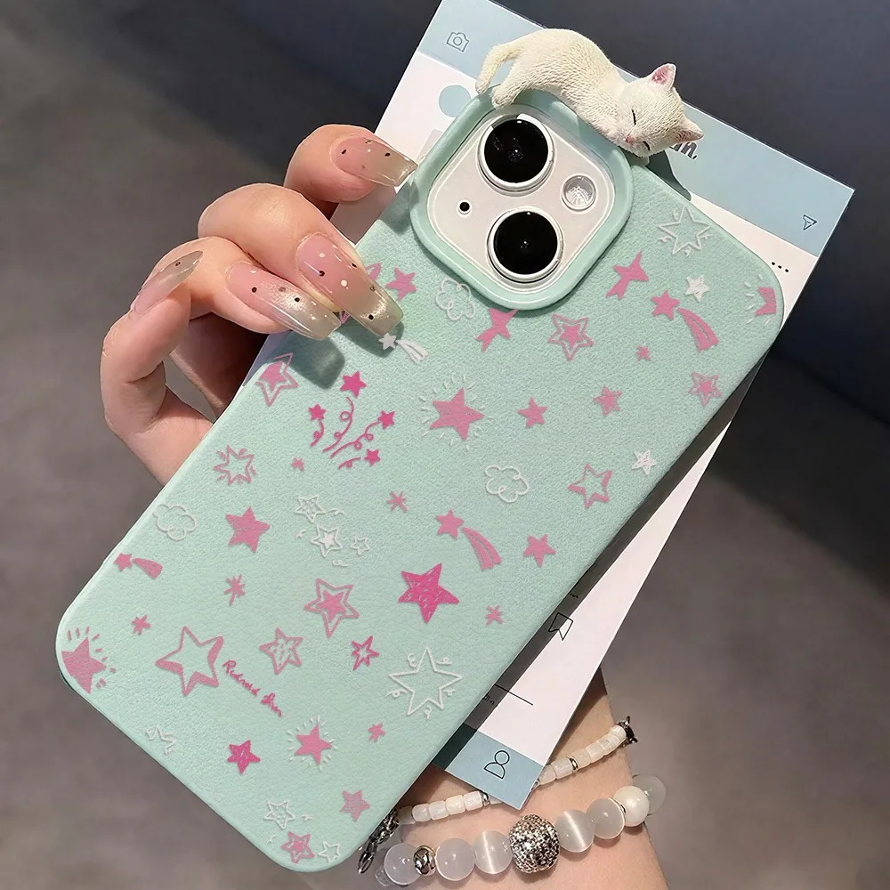 Funda de teléfono con bonito gato 3D de dibujos animados de estrella rosa coreana para iPhone 17 16 Pro Max 15 14 Plus 13 12 11 Pro Max 16E 17Air X XR XS - imagen 3