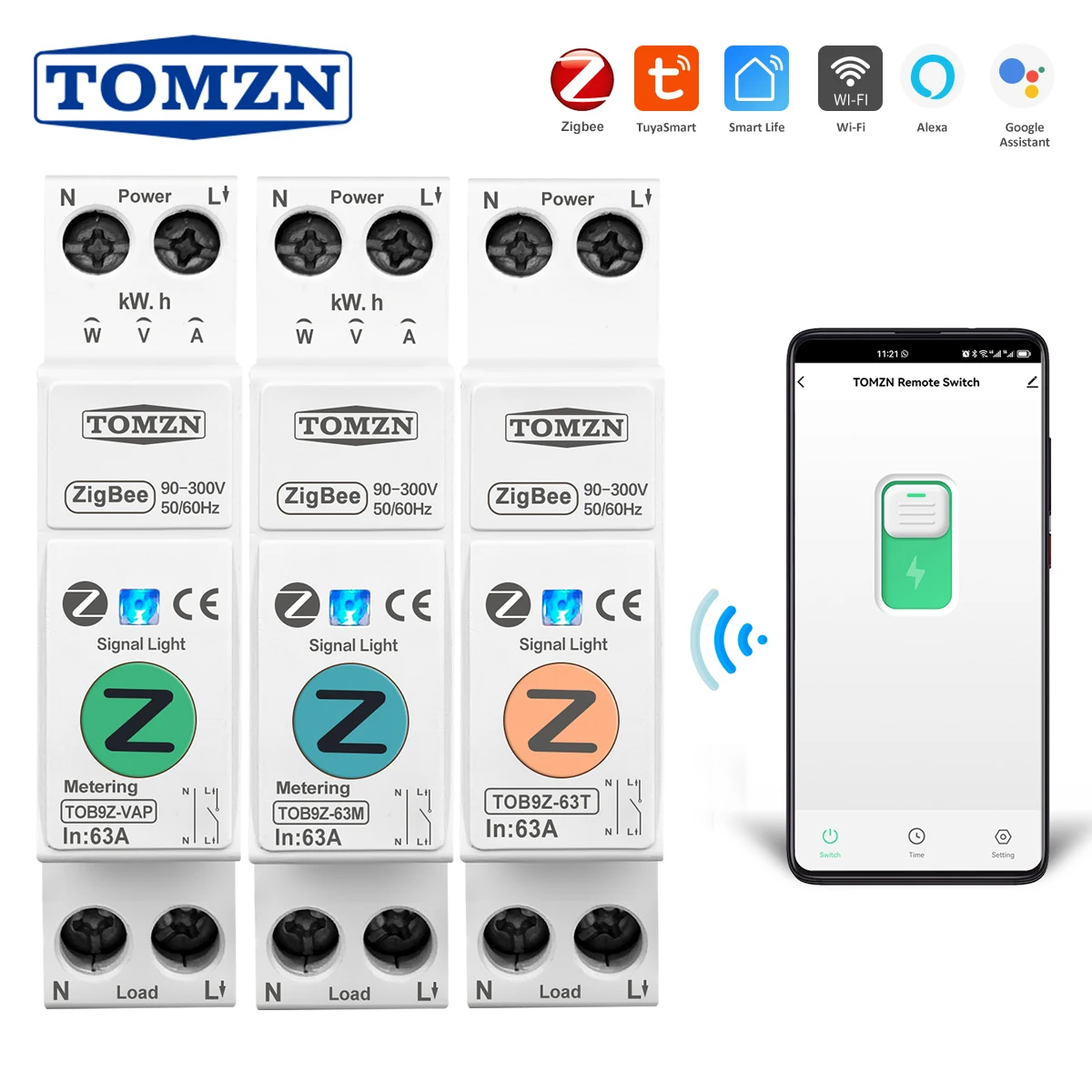 TOMZN Zigbee 63A 1P + N WIFI interruptor inteligente medidor de energía Kwh medición monitoreo disyuntor temporizador relé MCB TUYA smartlife