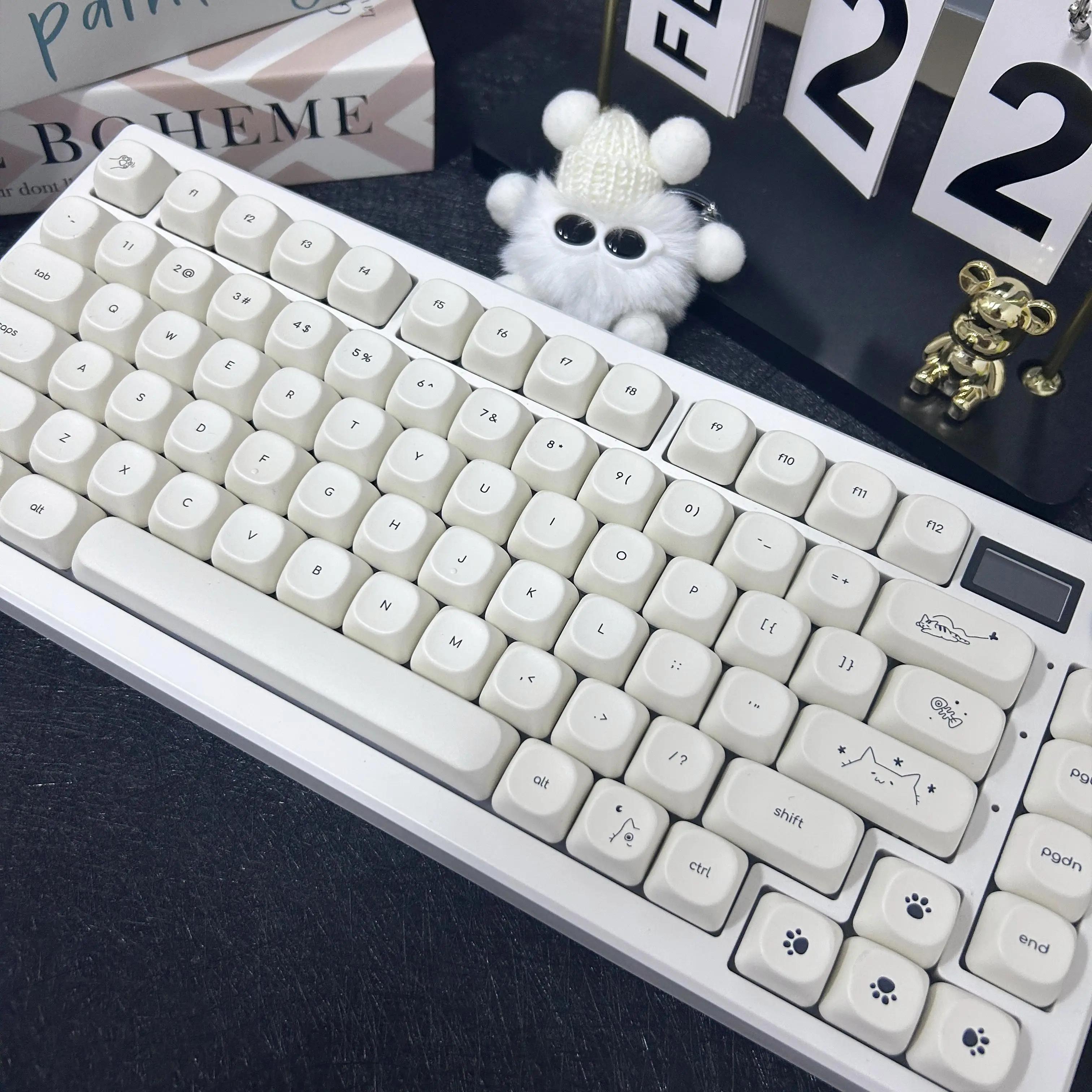 Teclas redondas con tema de gato, 124 teclas, sublimación térmica PBT, perfil MOA, teclas de gatito blanco leche para teclado mecánico DIY