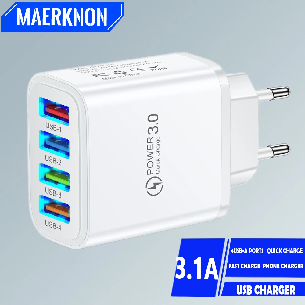 Cargador rápido USB 3.1A con múltiples puertos, cargador de pared 3,0, adaptador de cargador de teléfono para iPhone 15, 14, 13 Pro Max, Xiaomi, Samsung