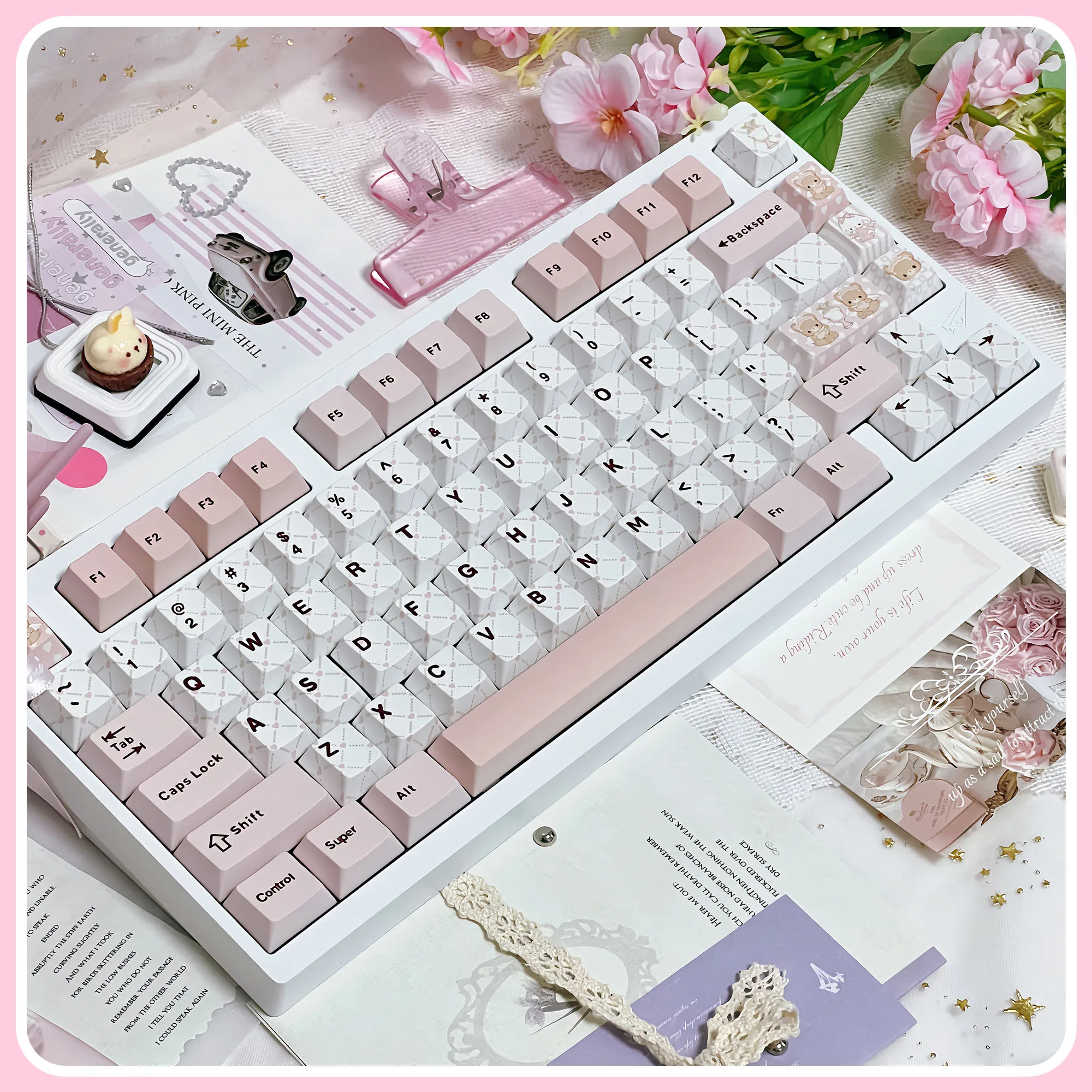 Juego de teclas con tema rosa Little Bear Tea Party, perfil de cereza PBT, teclas originales personalizadas hechas a mano para regalo de teclado mecánico - imagen 2