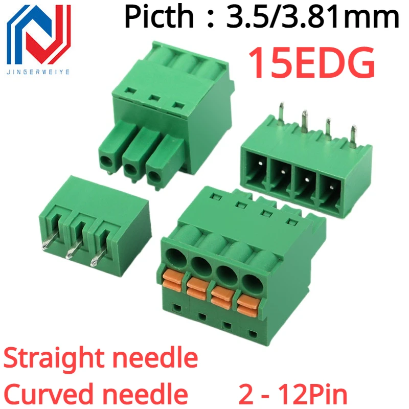2 juegos 15EDG 3,5mm 3,81 bloque de terminales PCB enchufable sin tornillos 15EDGKD 3,5 MM 3,81mm conector de Cable tipo prensa de resorte 2P 3P 4P-12P