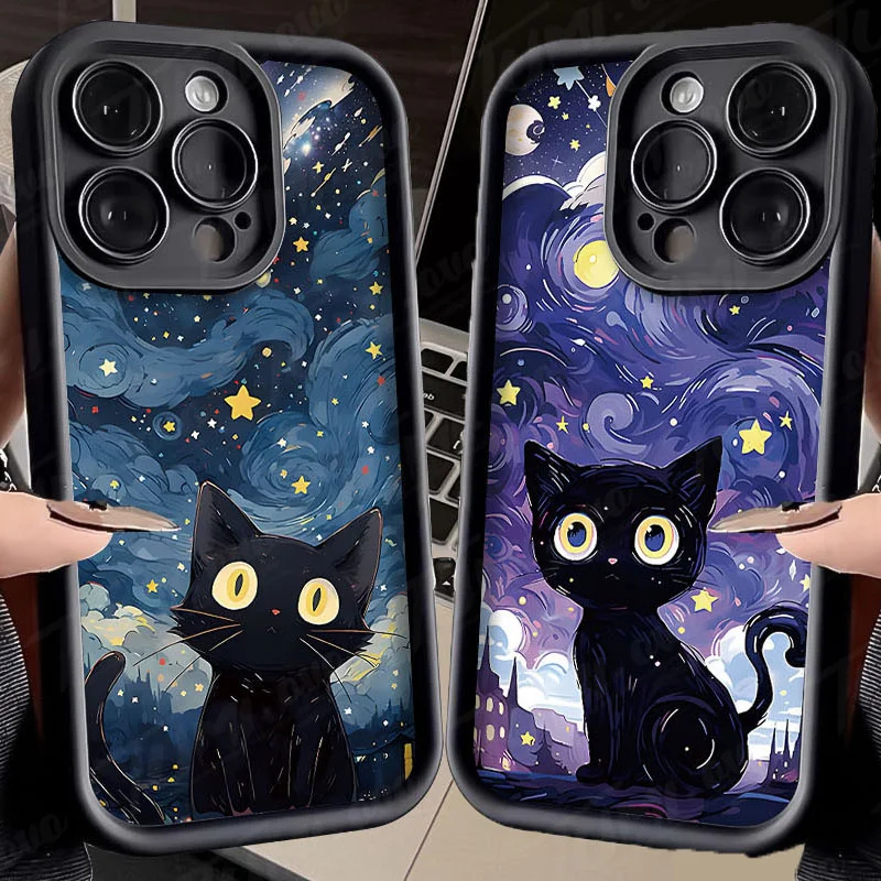 Funda de teléfono de silicona con diseño de gato negro y cielo estrellado para Xiaomi Redmi Note 13, 12, 11 Pro Plus, 12S, 11S, 10S, 9, 9S, 8, 12C, 13C, cubierta trasera mate