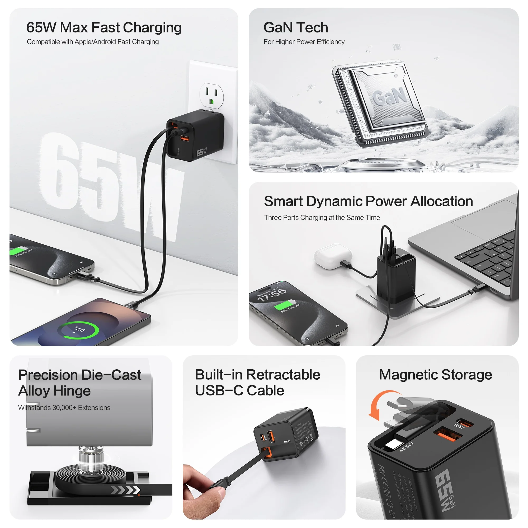 Cargador GaN de 65W con Cable retráctil PD de carga rápida para ordenador portátil Macbook iPhone 16 15 14 Xiaomi tipo C cargador de teléfono - imagen 3