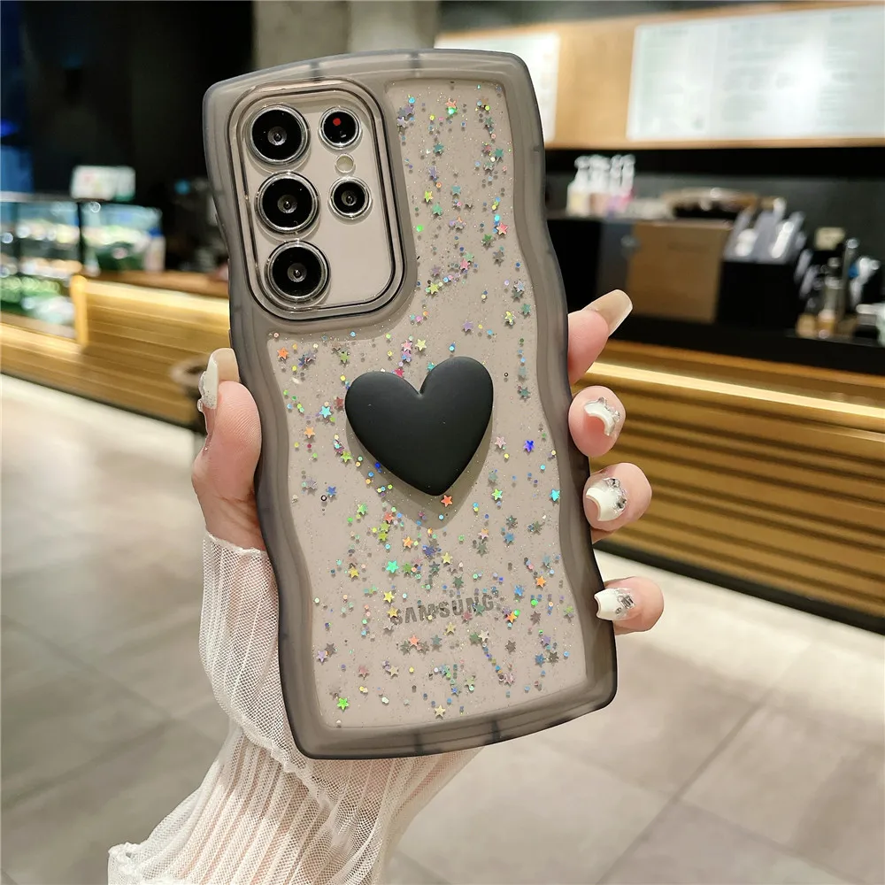 Cute 3D Heart Cover For Samsung S24 Ultra S23 Plus S22 S21 S20 FE Note 20 Soft Silicon Sequin Glitter Wavy Edge Phone Case Shell - imagen 3