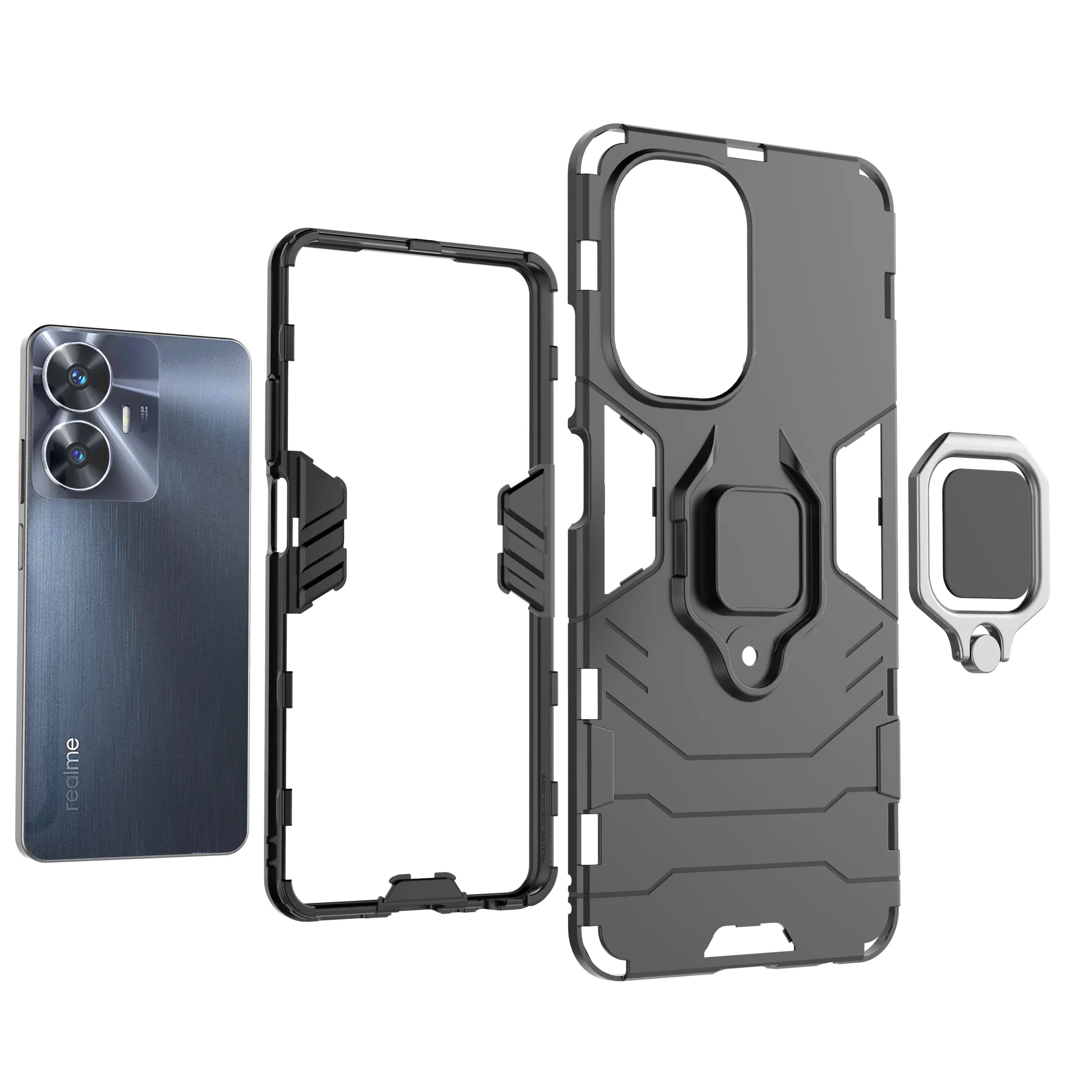 Funda armadura a prueba de golpes para Realme, 11, Pro Plus, silicona suave + soporte de anillo de Metal para PC, funda trasera de teléfono para Realme, Narzo, 60Pro, 60X - imagen 3