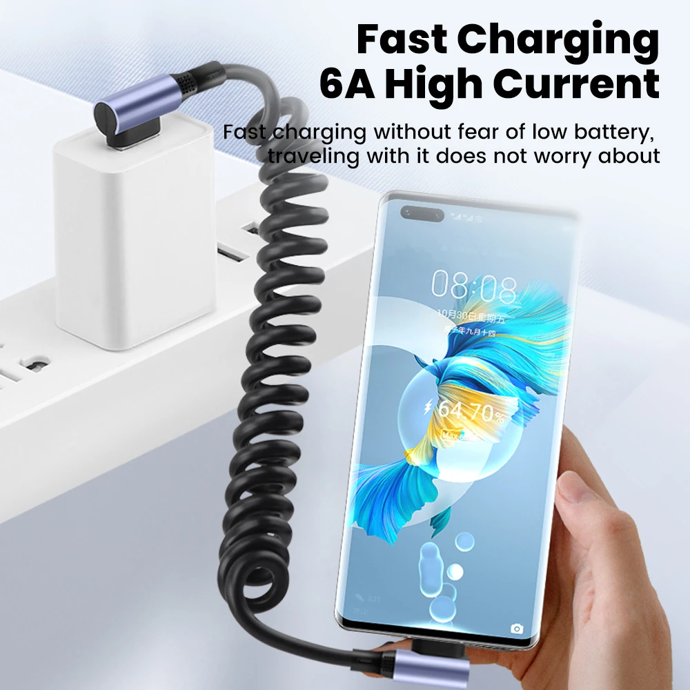 Cable de datos de resorte de doble codo 6A Cable de carga rápida retráctil tipo C a tipo C para iphone 15 16 Samsung Huawei Cable USB C - imagen 4