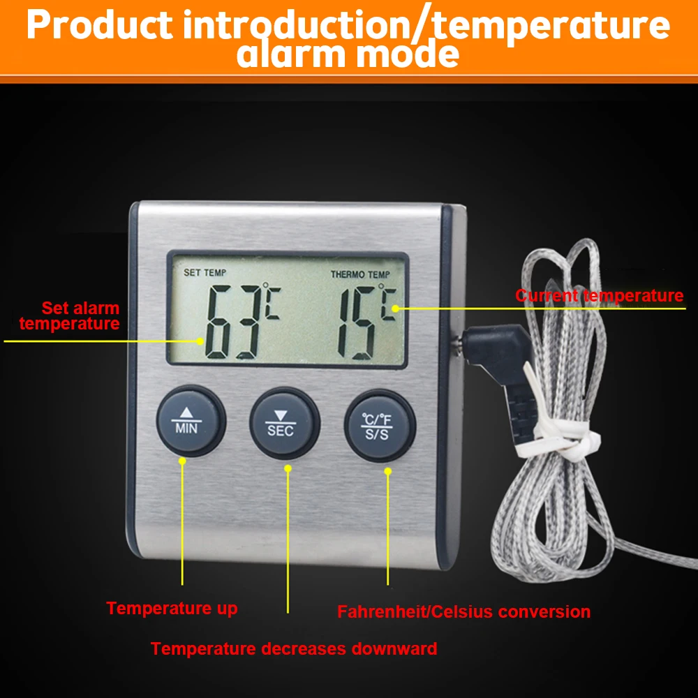 Termómetro para barbacoa, Detector de temperatura de cocina, probador de temperatura 5S con 300 ℃   Función de alarma y sincronización de alta temperatura - imagen 4