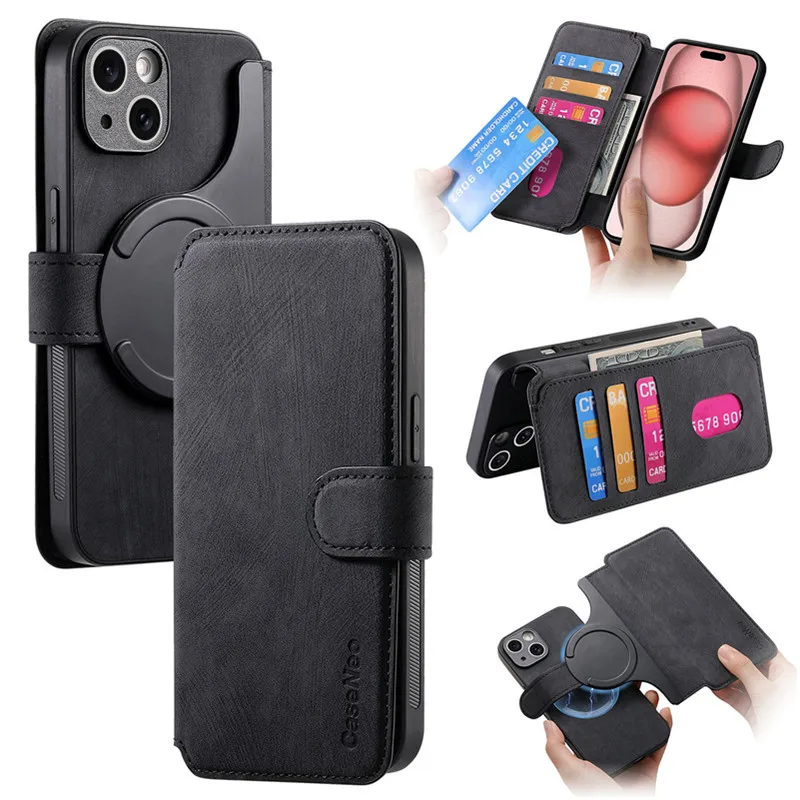 Funda magnética con tapa y ranura para tarjetas tipo billetera extraíble para IPhone 16 15 14 13 12 11 Pro Max XS Plus XR 15Pro Magsafe Funda de cuero