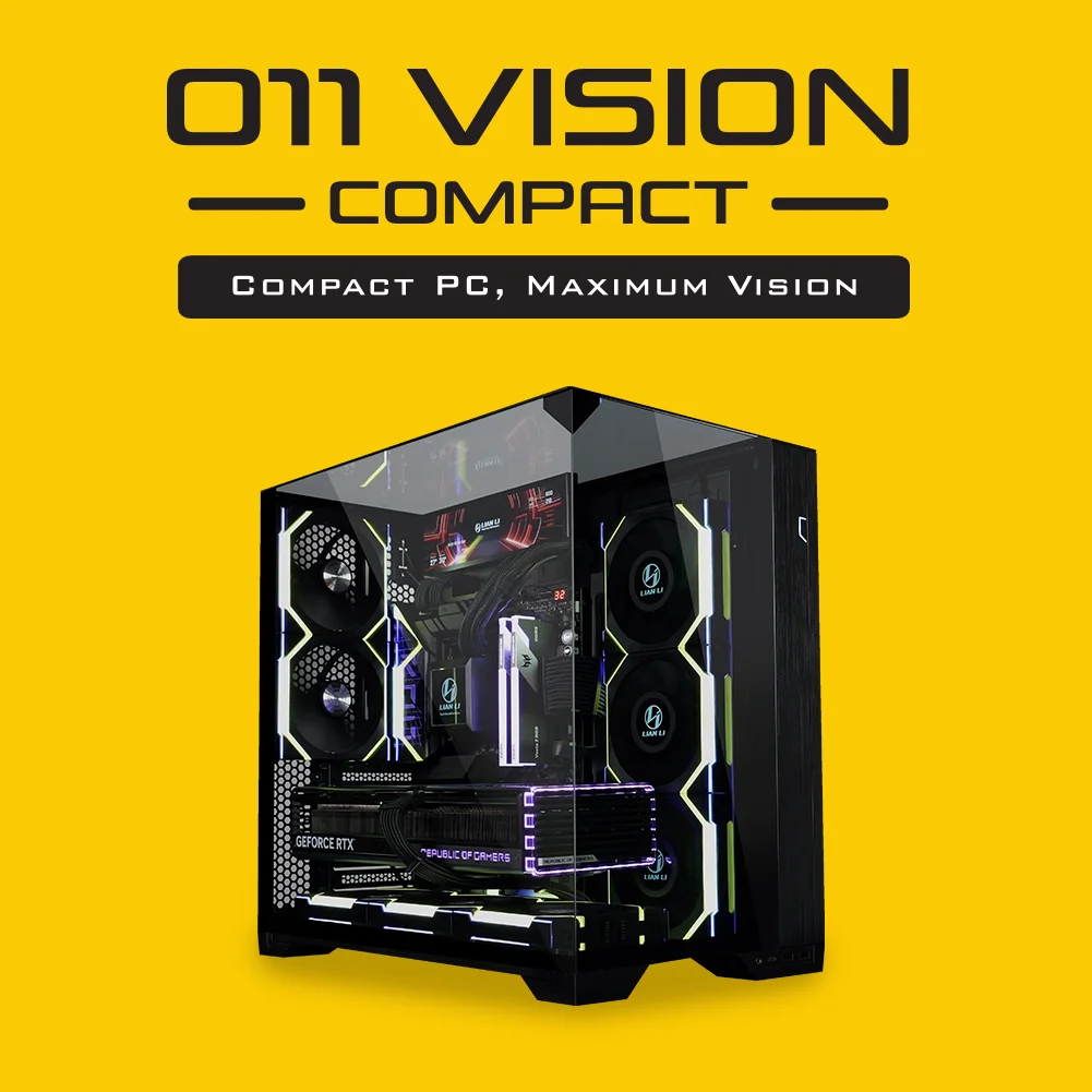 Nueva caja de computadora totalmente transparente de vidrio templado compacto Lianli PC-O11 Vision. Estuches compactos MATX y ATX refrigerados por agua.