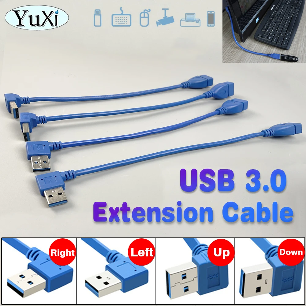 1 pieza USB3.0 hembra a macho 90 adaptador de Cable de extensión en ángulo derecho izquierdo abajo arriba Cable de extensión USB 3,0 azul 23-25CM