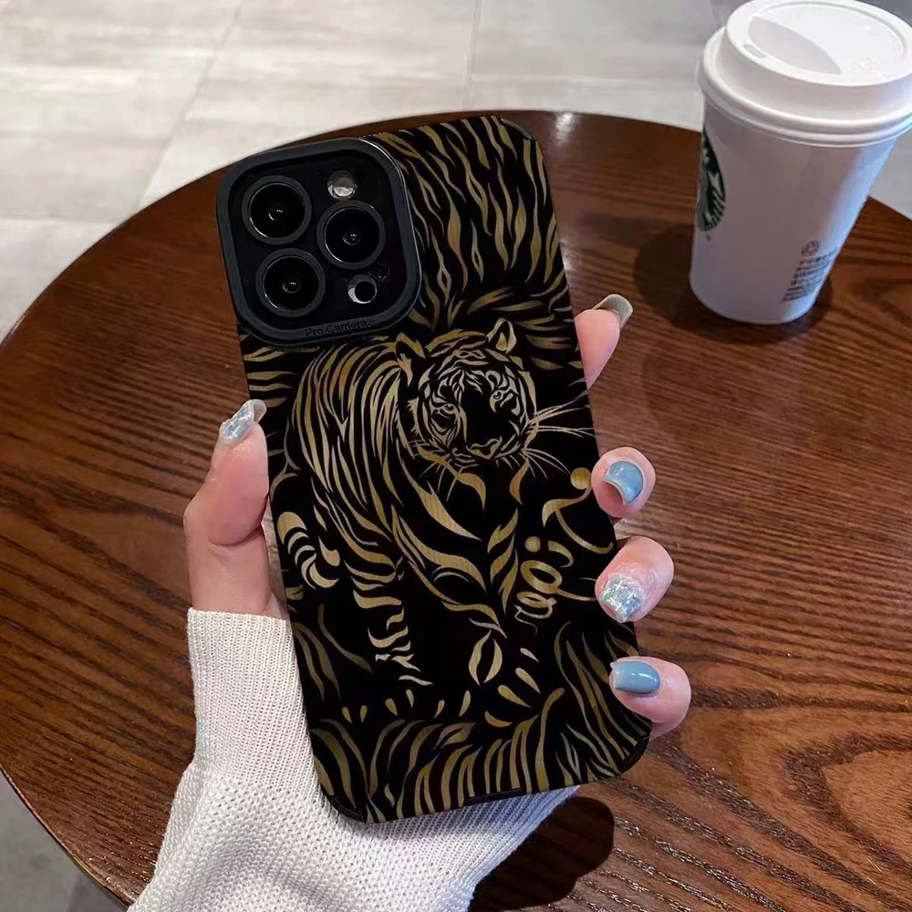 Funda de cuero de silicona con tigre negro a la moda para iPhone 14 15 16 Pro Max 7 8 SE 11 12 13 Mini Plus X XS XR cubierta completa a prueba de golpes - imagen 2