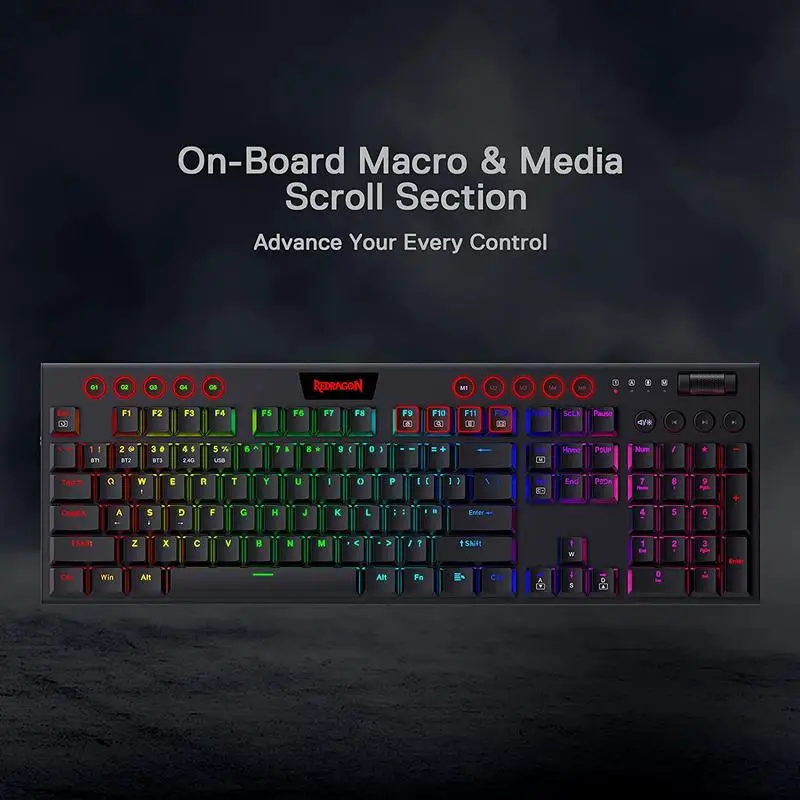 Teclado mecánico RGB inalámbrico Redragon K618 Horus, teclados para juegos Bluetooth/2,4 Ghz/con cable de perfil bajo, interruptor marrón/azul - imagen 3