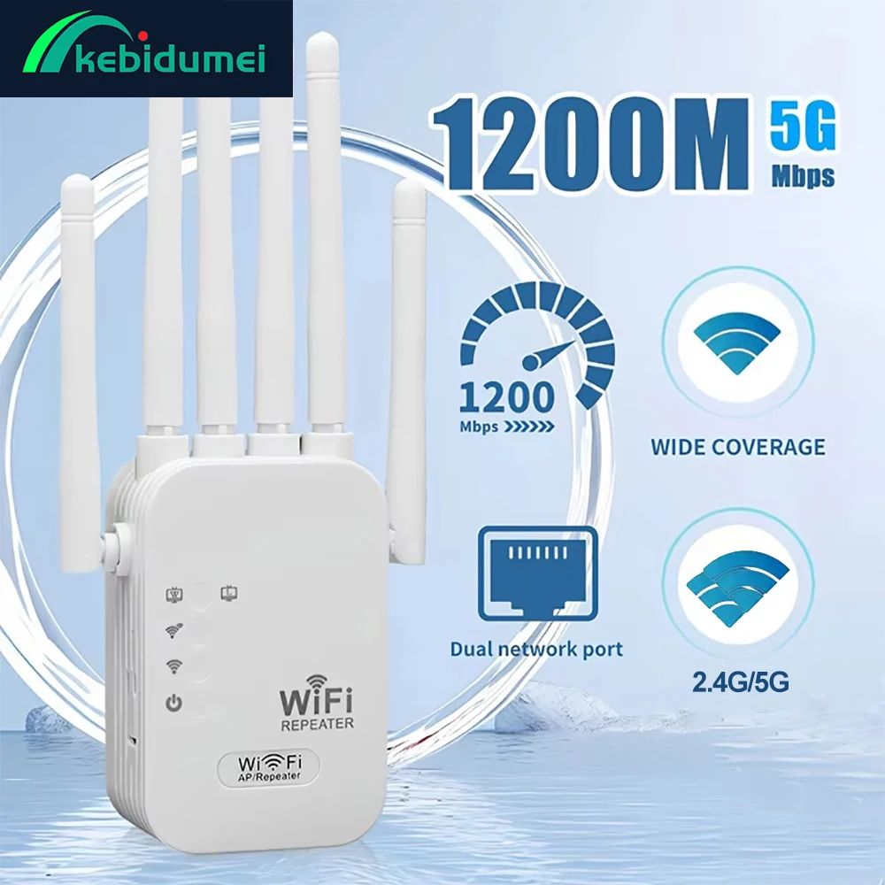 Kebidumei-repetidor Wifi de 1200Mbps, extensor de rango de red de doble banda 2,4G 5G, amplificador amplificador de señal, enrutador WiFi inalámbrico de 6 antenas