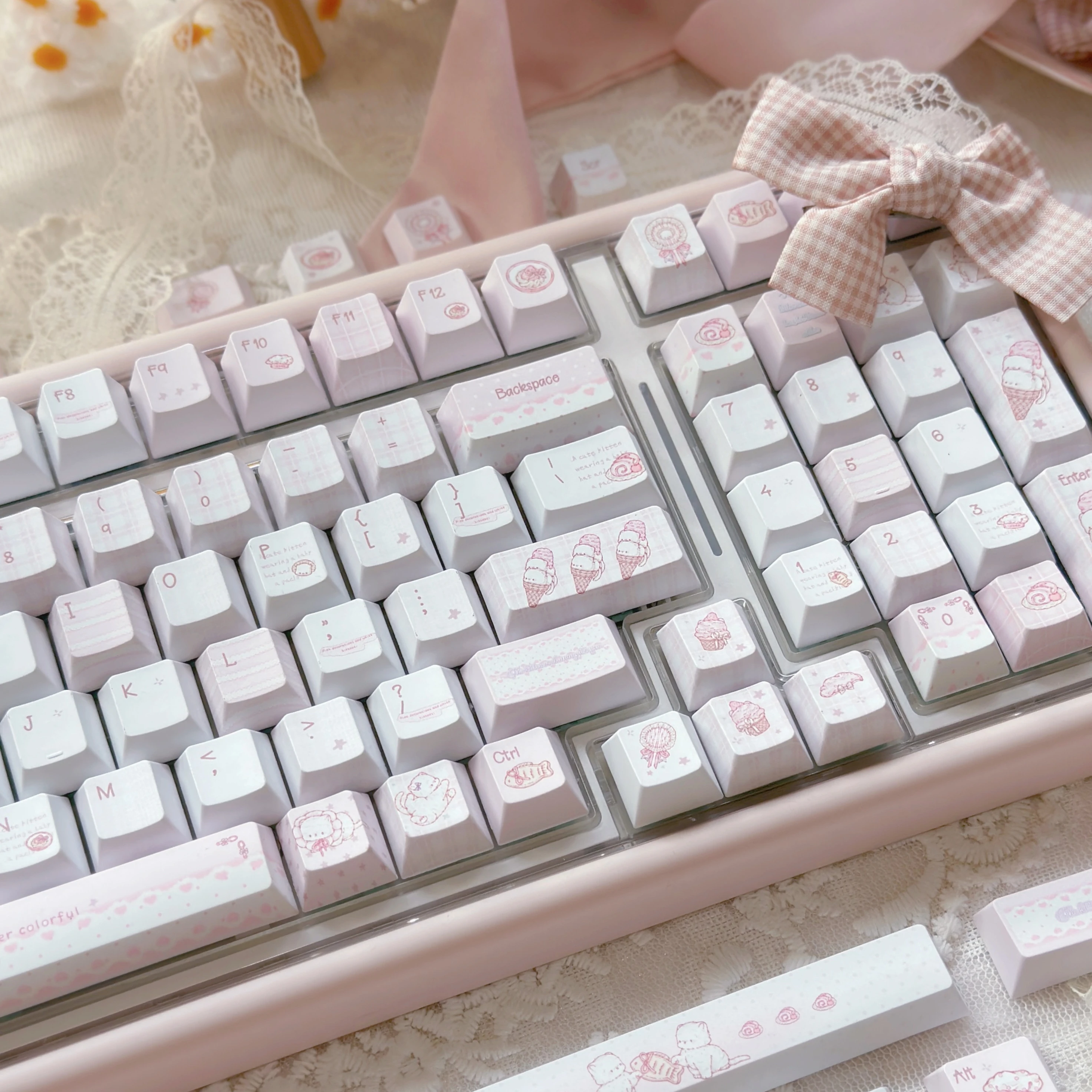 Sobremesa gato rosa Keycap cereza perfil 130 teclas PBT tinte sublimación dibujos animados lindo teclado mecánico personalizado Keycaps regalos para niñas - imagen 4
