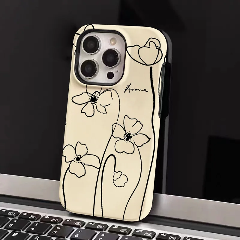 Funda de teléfono con flor de línea amarilla para iPhone 16 15 14 13 12 11 X XS XR XSMAX 7 8 Pro Max Plus, funda trasera de lujo de doble capa