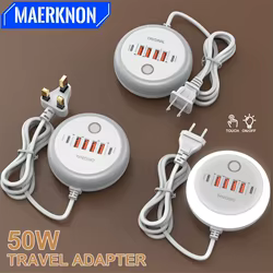 Cargador multipuerto PD 50W tipo C carga rápida enchufe UE EE. UU. cargador de pared 6 puertos USB cargador de teléfono rápido con LED táctil/luz de relleno