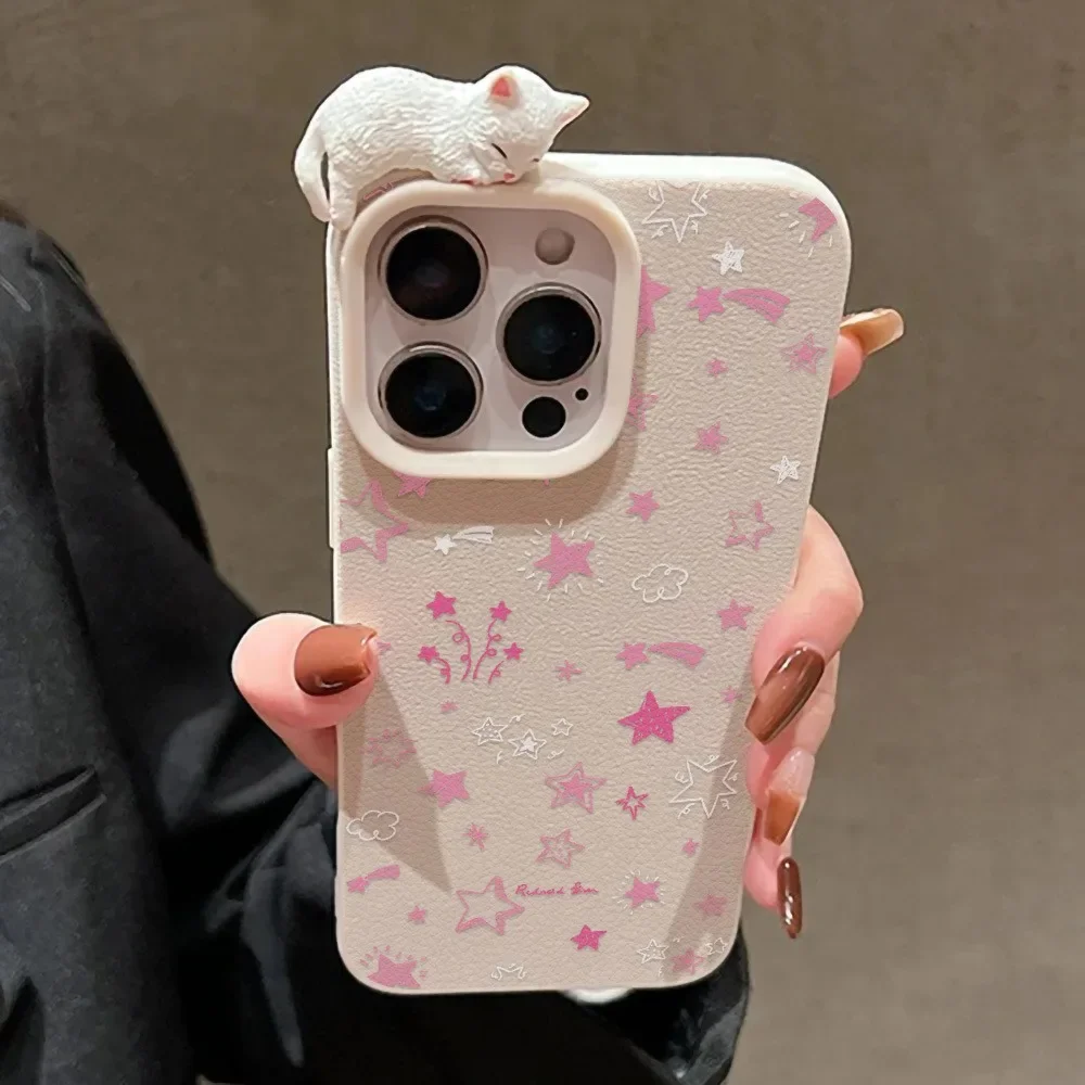 Funda de teléfono con bonito gato 3D de dibujos animados de estrella rosa coreana para iPhone 17 16 Pro Max 15 14 Plus 13 12 11 Pro Max 16E 17Air X XR XS