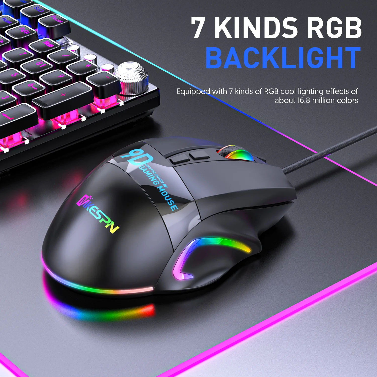 Ratón Macro RGB de 12000DPI para videojuegos, 9 teclas programables, luz RGB máxima a 6 niveles para pc, mac gun, PUBG y portátil - imagen 3