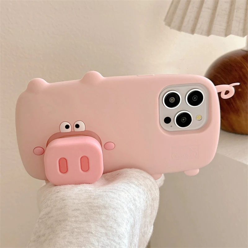 Divertido lindo cerdo rosa soporte plegable funda para iPhone 16 Pro Max 15 13 14 funda trasera de teléfono de dibujos animados de silicona suave - imagen 5