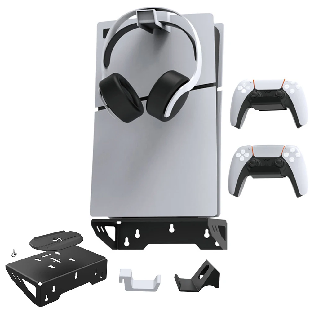 Juego de montaje en pared soporte para PS5/consola delgada con controlador gancho de almacenamiento de acero soporte para accesorios PS5